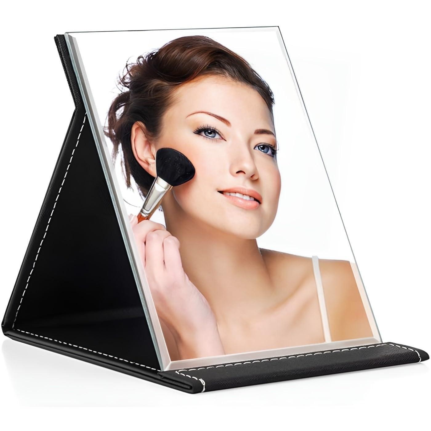 Sugra Portable Folding Makeup Mirror, Frameless PU Leather Vanity Mirror with Stand for Desk Table Camping Travel Personal Rectangular, Unframed, Tabletop Mount (Black Pack of 1)