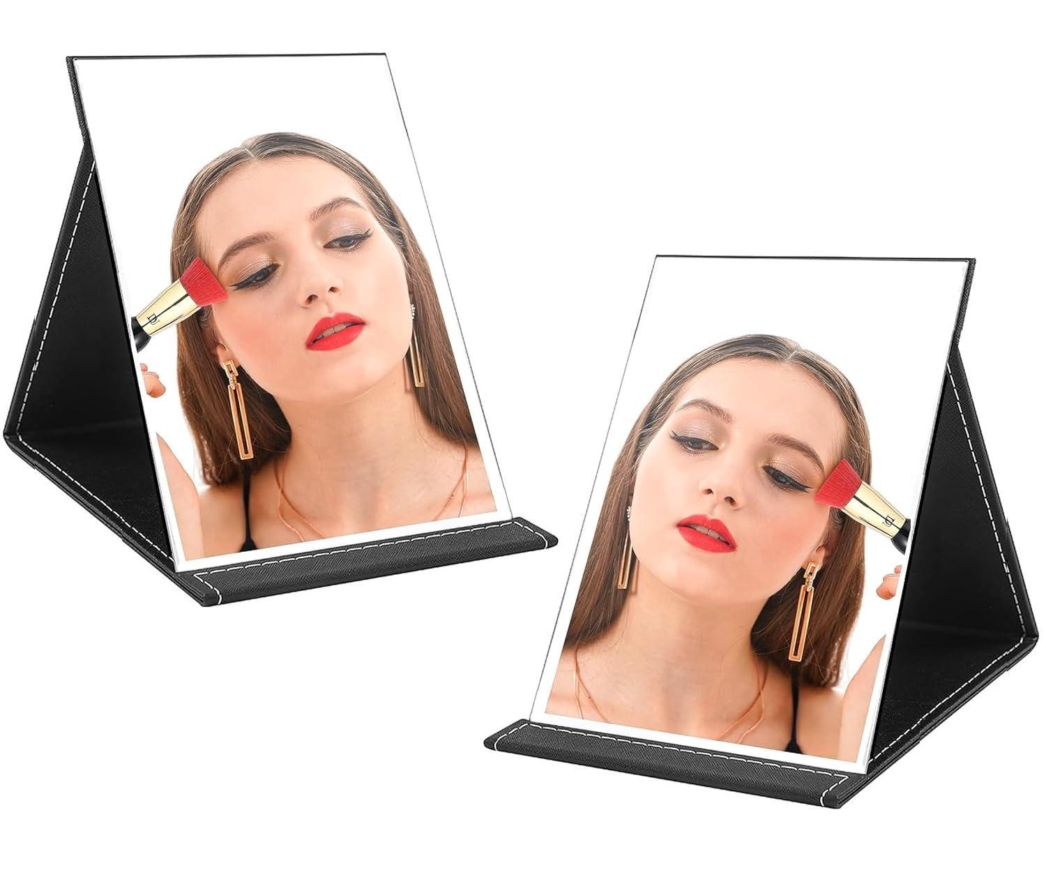 Sugra Portable Folding Makeup Mirror, Frameless PU Leather Vanity Mirror with Stand for Desk Table Camping Travel Personal Rectangular, Unframed, Tabletop Mount (Black Pack of 2)