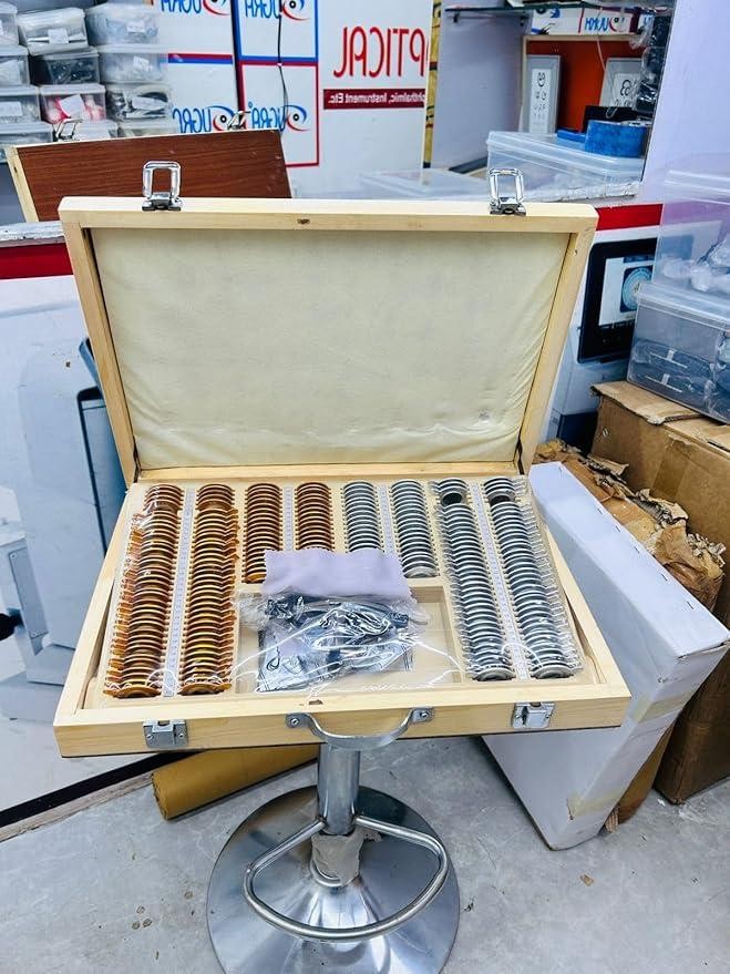 SUGRA Illuminated 225 Trial Glass Lens Set Eye Testing Box with Adjustable and Lightweight Trial Frame with Wooden Box