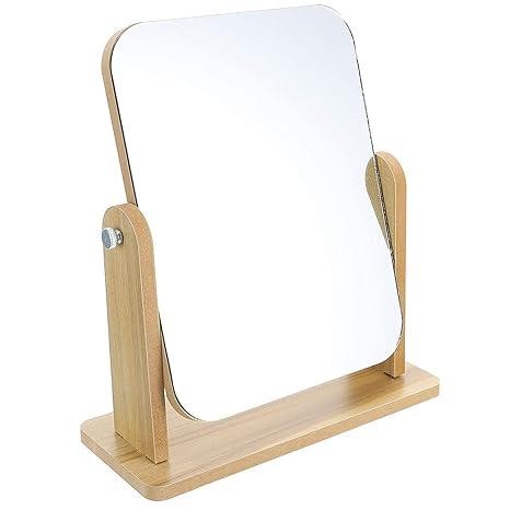 Sugra Wooden Tabletop Makeup Mirror Vanity Table Stand Mirror Swivel Bamboo Mirror for Bedroom Bathroom Desk (Square)