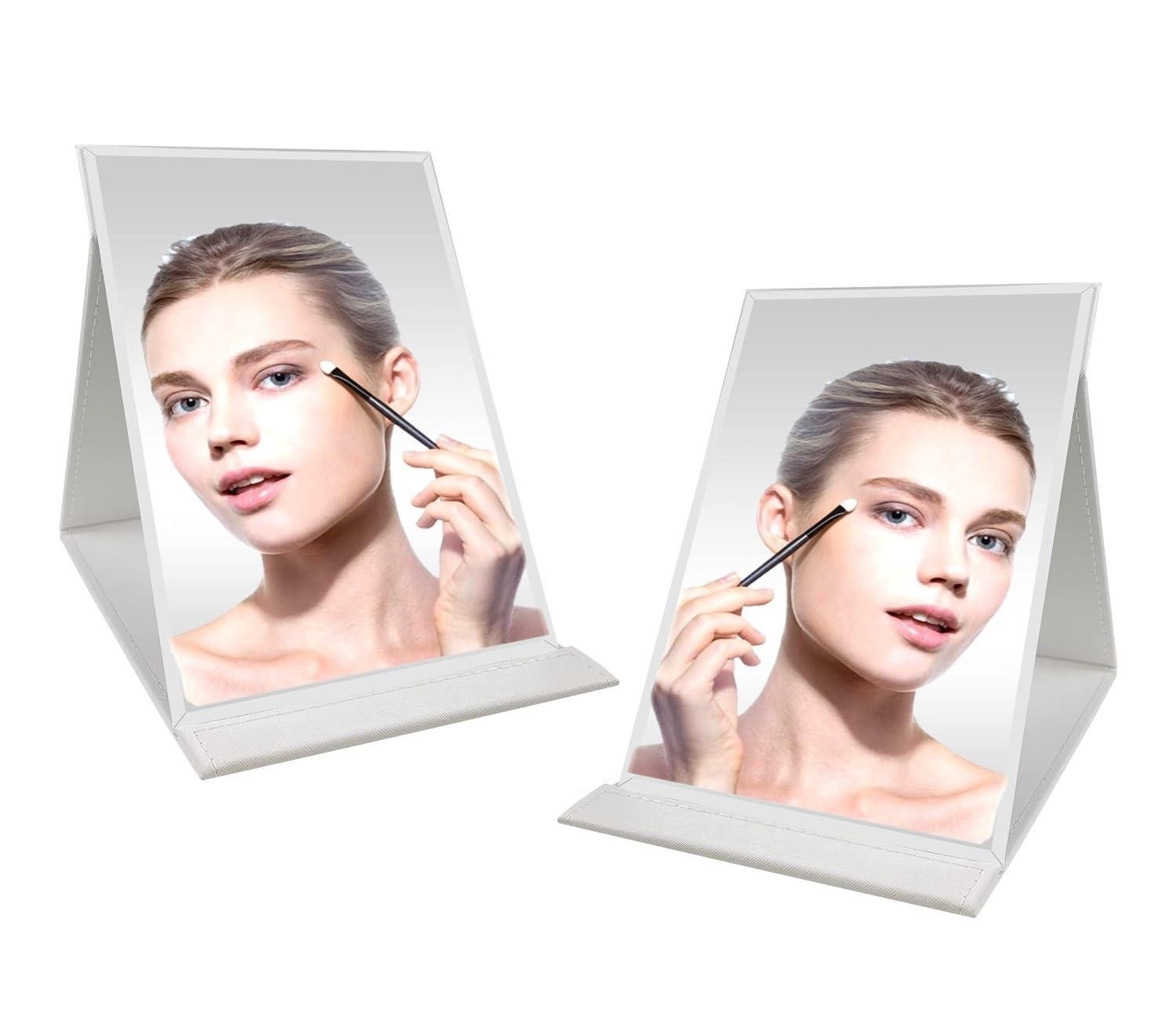 Sugra Portable Folding Makeup Mirror, Frameless PU Leather Vanity Mirror with Stand for Desk Table Camping Travel Personal Rectangular, Unframed, Tabletop Mount (White Pack of 2)