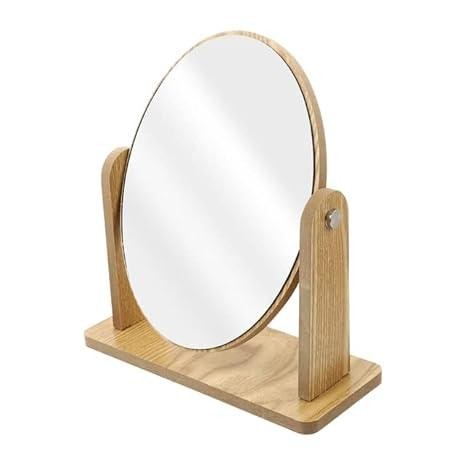Sugra Wooden Tabletop Makeup Mirror Vanity Table Stand Mirror Swivel Bamboo Mirror for Bedroom Bathroom Desk (Round)